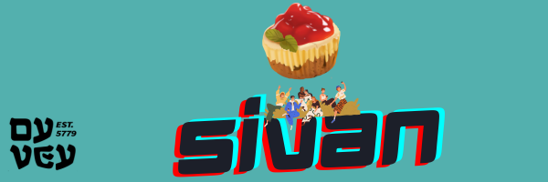 A group of people sitting on top of the word "sivan" taking selfies and chatting, while a giant cheesecake floats over their heads