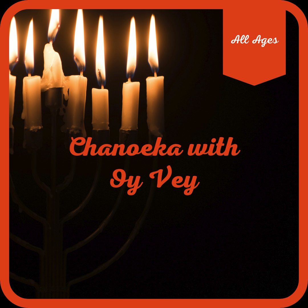 Chanukia with burning candles on dark background - invitation to all ages chanoeka with oy vey