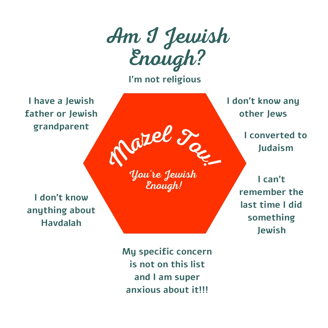 Am I Jewish Enough? The answer is probably yes. I am not religious; I don't know any other Jews; I can't remember the last time I did something Jewish; I have a Jewish father or Jewish grandparent; I don't know anything about Havdalah; My specific concern is not on this list and I am super serious about it!!!! Mazel Tov! You're Jewish enough!