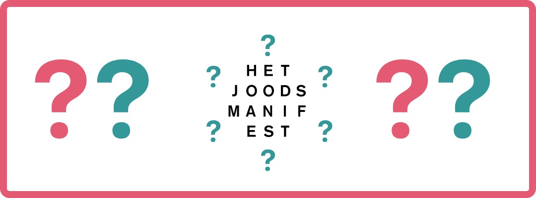 Illustration of questionmarks surrounding Het Joods Manifest invitation for in person discussion