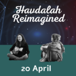 Havdalah reimagined written across a night sky. Tali sitting cross-legged with her guitar while the beautiful curly headed Lievnath looks on.