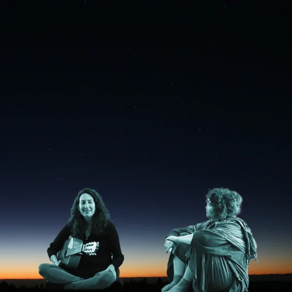 Tali with guitar and Lievnath looking on. The sun is set, but an orange glow remains at the horizon level. The sky is dark and filled with stars.