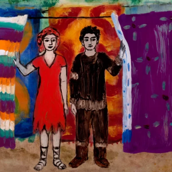 Man en vrouw verschijnen vanachter gordijnen in animatiefilm La Traversée van Florence Miailhe