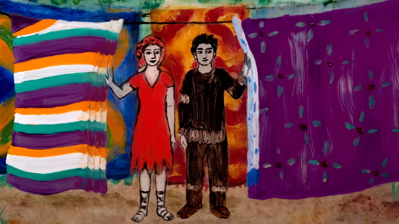 Man en vrouw verschijnen vanachter gordijnen in animatiefilm La Traversée van Florence Miailhe