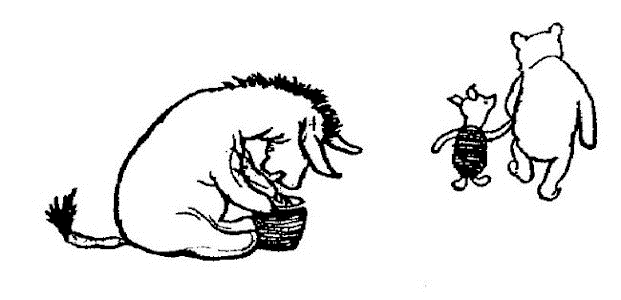Eeyore with his birthday gifts of a popped balloon and a useful pot. Piglet and Pooh walking away, hand-in-hand