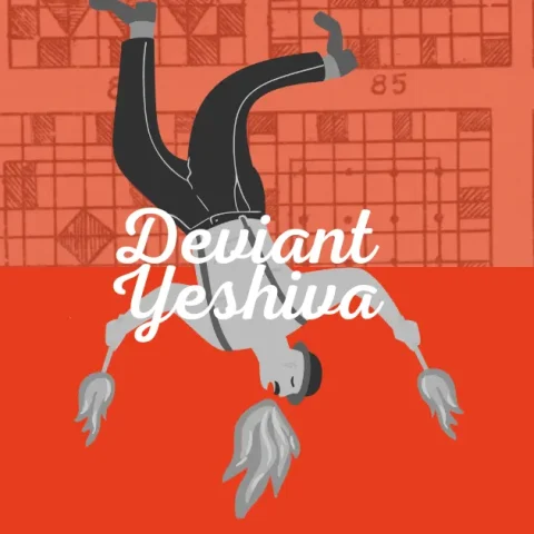 Upside down fire juggler on a red-orange background: Deviant Yeshiva - being jewish, being weird
