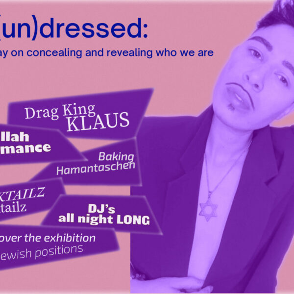 Get (un)dressed! That's the name of Oy Vey and JCK's Purim Party. With an image of Drag King Klaus sporting a pencil thin mustache, light purple skin, black hair.